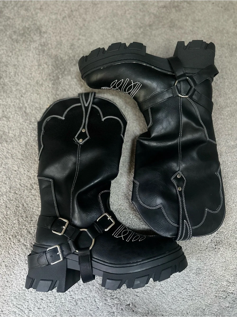 Black Western-Style Harness Chunky Sole Boots